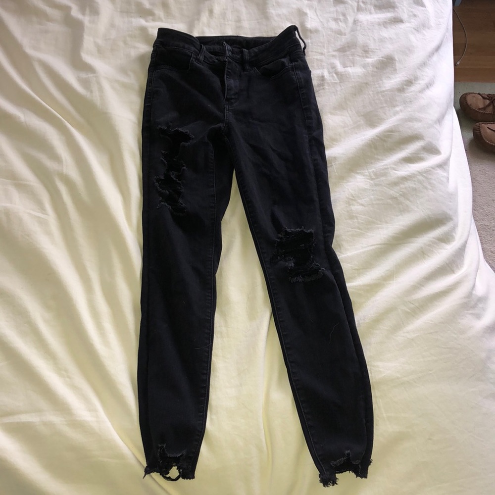 american high rise eagle black ripped jeans